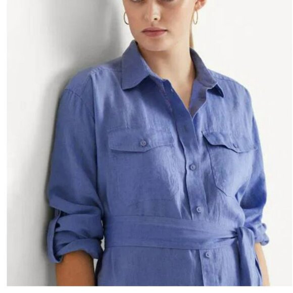 LAUREN RALPH LAUREN Relaxed Fit Belted Linen Shirt Copen Blue XS - Picture 2 of 13